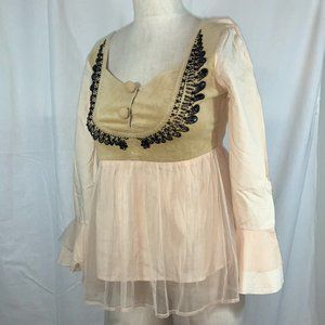 Hippy Indy Babydoll Top XS Beading Velvet Mesh Detail